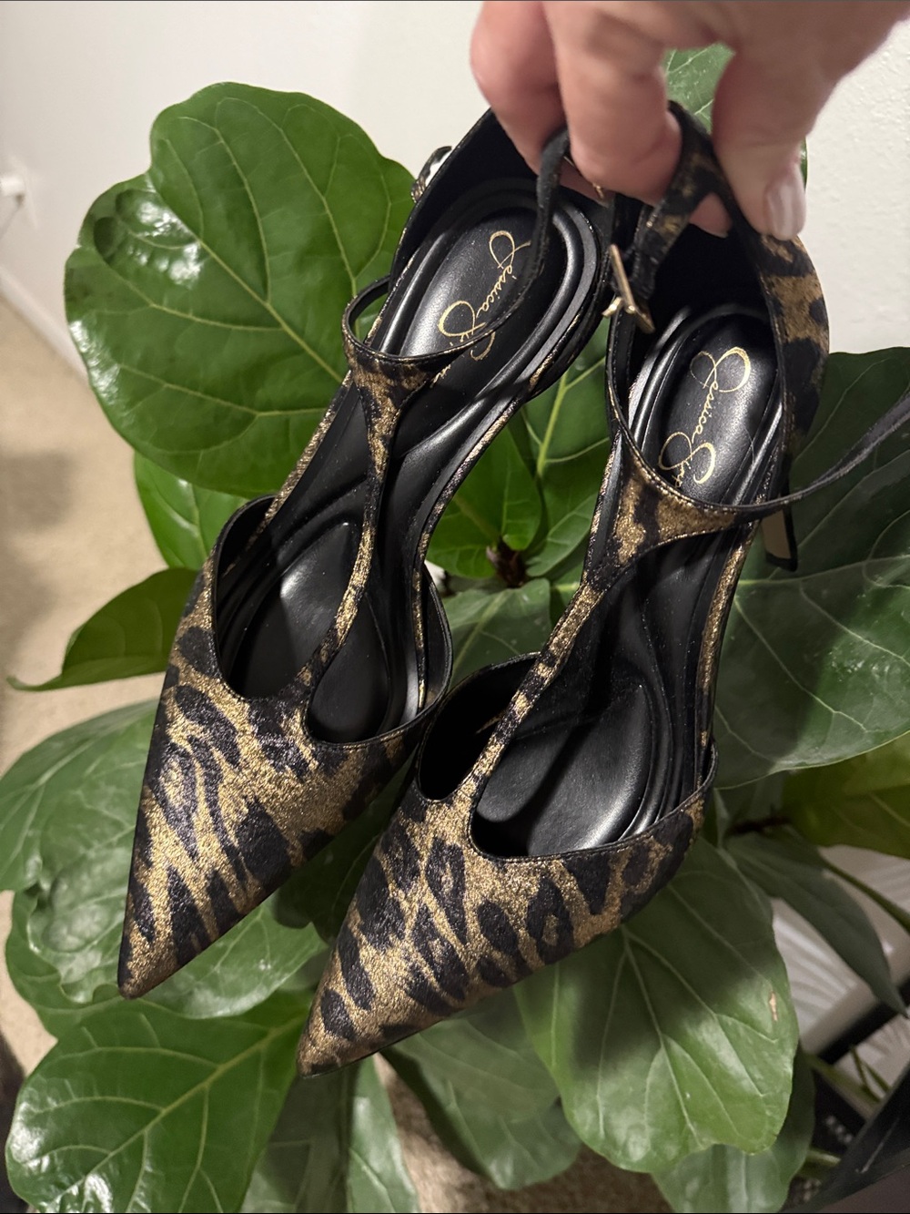 Jessica Simpson Black and Gold Leopard T-Strap Pointed Heels